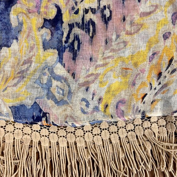 Chicos Linen Weave Poncho Cape Watercolor Paisley Crochet Fringe L/XL - Picture 7 of 13